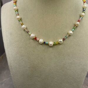 Colorful Seed Bead and Pearls Beaded Necklace. 16 inches long. Silver tone clasp